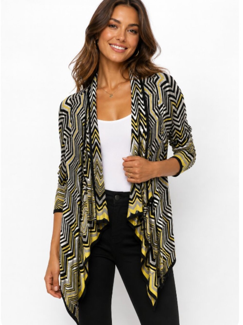CACHE Cardigan Open Asymmetrical Geometric Black White Yellow Luxury Large